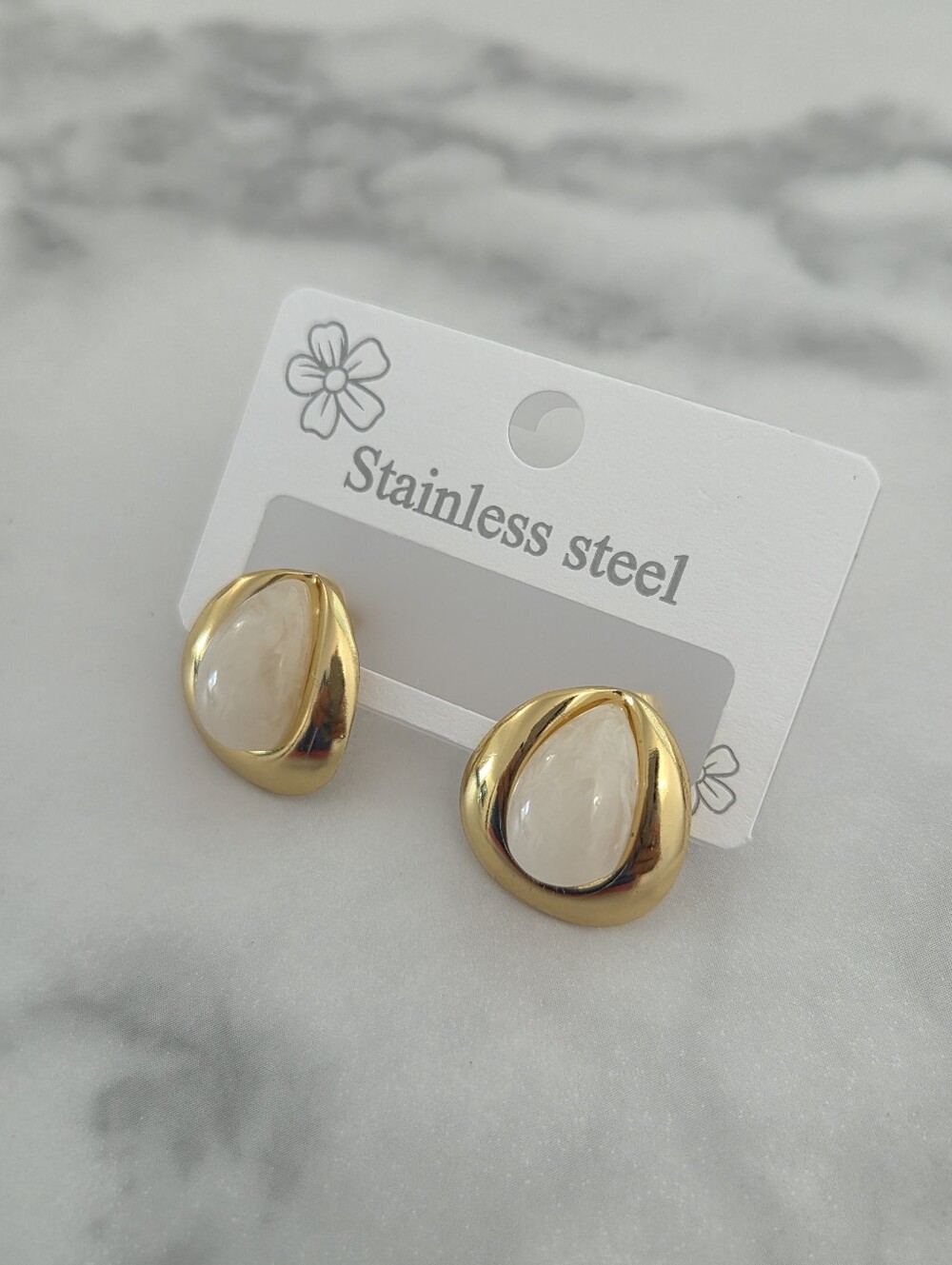 Stainless Steel Gold Tear Drop Earrings White Marble Resin Chic Minimalist - Picture 4 of 14